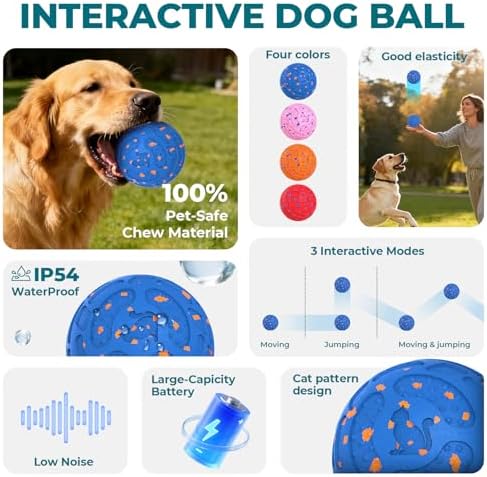 Roinoim Automatic Interactive Dog Ball Toy, Motion Activated Durable Rope Dog Chew Toy, USB Rechargeable Pet Exercise Ball for High Energy Dogs, Indoor Outdoor Playing, Blue