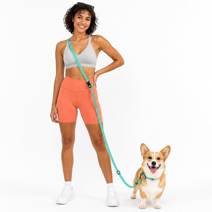Kazazoo Hands-Free Dog Leash Adjustable Length 5-8 Ft,Crossbody & Waist for Dog Walking, Running for Small Dogs with Reflective Strips, Ballistic Nylon, Waist Belt, Lightweight Green