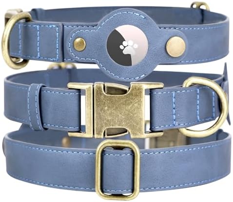 Airtag Dog Collar, PU Leather Collar w Airtag Holder for Medium Dogs(Blue)