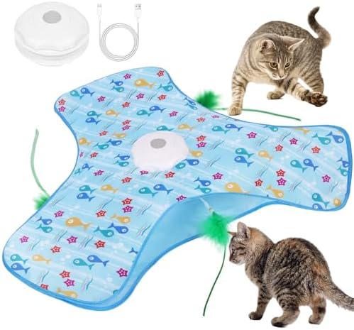 Interactive Cat Toys for Indoor Cats, Automatic Hide and Seek Cat Toy, Moving Concealed Feathers, Mouse Squeaky, Rechargeable Touch Activated Exercise Toys for Kitten Bored Adult Cats, 3 Modes