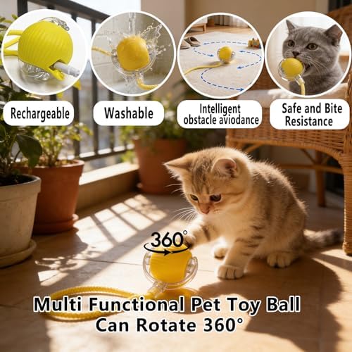 Interactive Smart Wake Pet Ball with Teaser Tail for Cats & Dogs（Yellow）