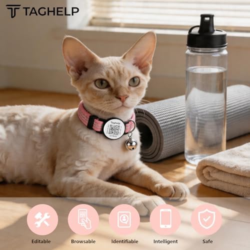 Reflective Cat Collar Personalized with Name ID Tag and Bell. QR Code Name Tag, Cat Smart ID Tag Breakaway.Ultra-Durable, Adjustable, Quick Release, Fits Most Cats (Pink)