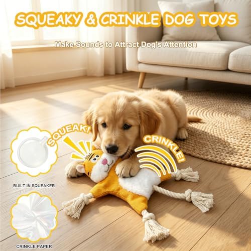 No Stuffing Crinkle Squeaky Dog Toy for Small Medium Puppies,（Tiger）