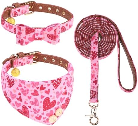 KOOLTAIL Cute Small Dog Collar and Leash Set with Bowtie and Bells,Puppy Bandana Collar and Leash for Girls with Pink Heart Pattern,Soft Leather Tangle Free Leashes for Small Dogs,Cats