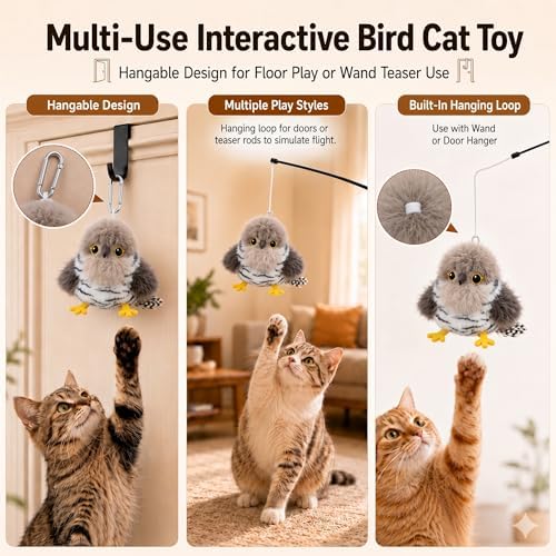 Flapping Bird Cat Toy, Cuckoo Plush Touch Activated Bird Chirp Cat Toy with Refillable Catnip, USB Rechargeable Interactive Kitten Exercise Toy,4.92"(No Flying)