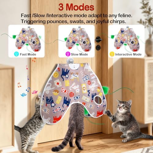 Interactive Cat Toys Moving Concealed Feathers Cat Toys Motion Activated Wall-Mounted Hanging Kitten Toy with Real Mouse Squeaky