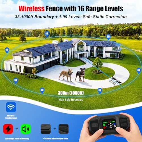 2-in-1 Wireless Dog Fence & Training Collar,300M Range,16 Boundary Levels,Rechargeable Collar with Beep,Vibration & Gentle Static Guidance,IPX6 Waterproof for Small Medium Large Dogs