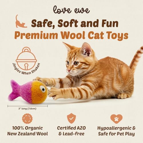 Love Ewe Wool Cat Toys 3 Pack, 3in Fish with Bell & 2in Ball