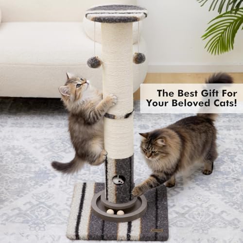 Woochpet Cat Scratching Post 34"Tall Grey Sisal Scratcher Tree With Cat Toy