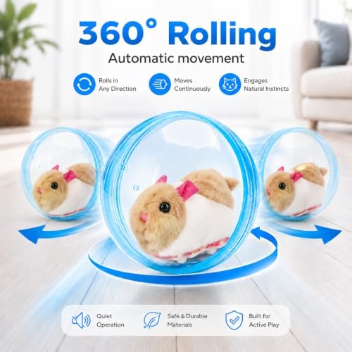 Self Rolling Interactive Cat Ball, Automatic Moving Cat Toy with Plush Animal Inside, 360° Rolling Cat Chasing Ball with Transparent Ball for Cats Dogs Small Pets (Blue,White/Brown Mouse)