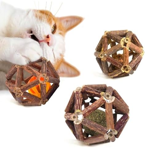 SunGrow Silverine Balls for Cats, Engaging and Interactive Pet Enrichment, Gall Fruit, Catnip, Bell Ball, Cool Pal Feline Toy, Christmas Stocking Stuffers, Brown, 2.5” (Diameter), 3 Pieces per Set 