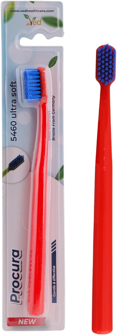 Ved ProCura Ultra Soft Toothbrush – Gentle Manual Toothbrush for Adults with 5,460 Super Soft Bristles for Sensitive Teeth and Gums (RED)