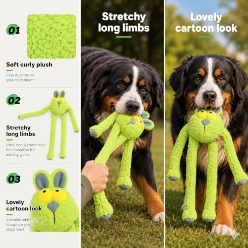 Squeaky Dog Plush Chew Toy, Interactive Tug Squeaky Toy for Chewers, Medium & Large Dogs, 31.5 Inch Stuffed Swinging Rabbit Toy with Stretchable Limbs for Gum Care & Boredom Relief, Neon-Green