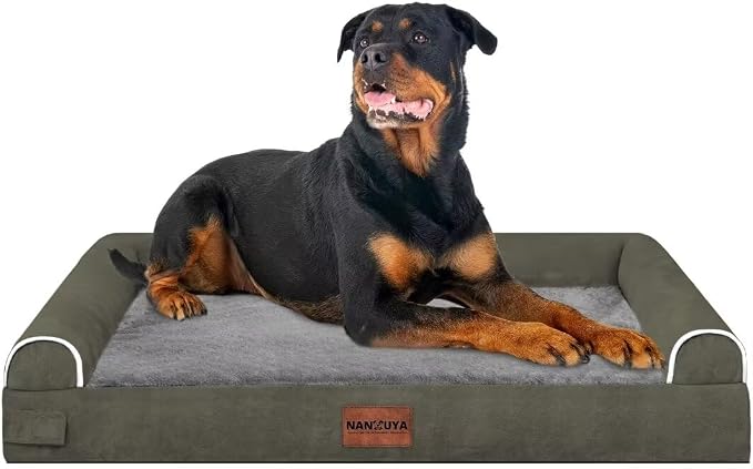 Orthopedic Dog Bed for XX-Large Dogs, 44 x 34 Inch, Dark Green | Egg crate foam for joint support, 3-sided bolster pet sofa, waterproof lining, washable cover, and non-skid base