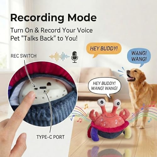 Interactive Talking Dog Toy with Voice Recording & Singing, Jumping Crab Plush, Moving Bouncing Pet Toy, USB-C Rechargeable for Small & Medium Dogs & Cats