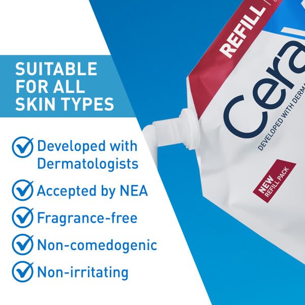 CeraVe Moisturizing Cream, Body and Face Moisturizer for Dry Skin, Body Cream with Hyaluronic Acid and Ceramides, Daily Moisturizer, Oil-Free, Fragrance Free, Non-Comedogenic, 16 Ounce Refill