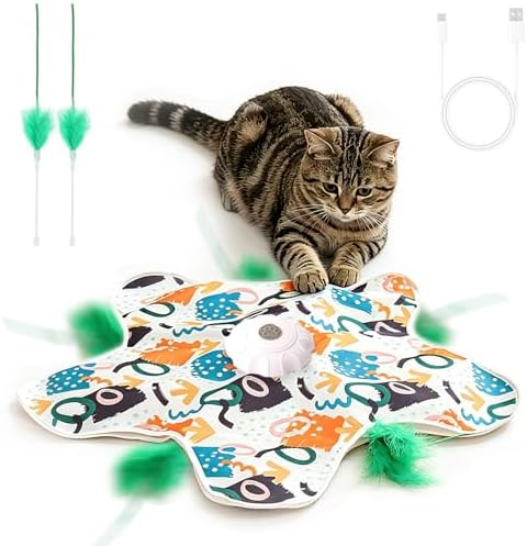 Interactive Cat Toys for Indoor Cats, USB Rechargeable Hide and Seek Automatic Feather Moving Kitten Toy with 2 Replaceable Wands, 3 Modes, 5-Min Auto-Sleep & Realistic Bird Sounds(Colorful)