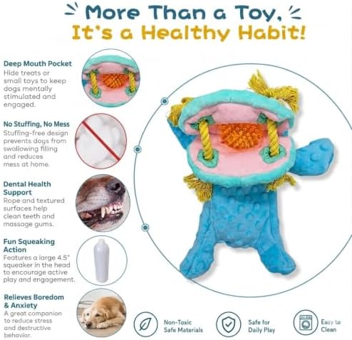 No Stuffing Interactive Plush Dog Toy with Hidden Toy Inside, Squeaky Soft Dog Toy for Small, Medium & Large Breeds, Blue Plush Hippo for Fetch, Play and Engagement, Gift Ready Box