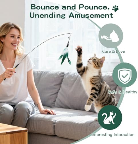 Pawaboo Cat Feather Wand Interactive Toy, 2 Feathers + 1 Wand with Bell