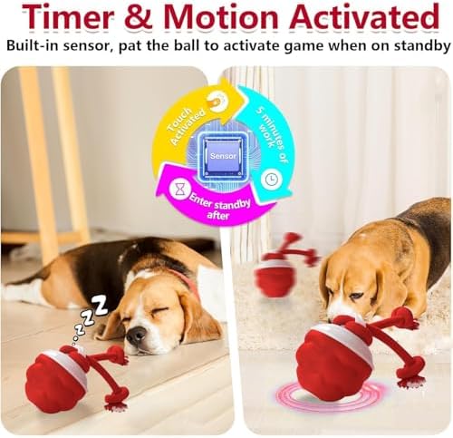 Interactive Dog Toys Ball - Fun Moving Dog Toys to Keep Them Busy | Smart Jumping Ball for Dogs with Three Modes, Rechargeable Automatic, Knot Design, Bite-Resistant and Teeth-Cleaning (Red)