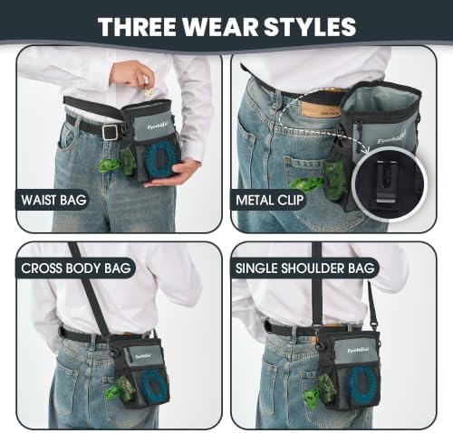 Dog Treat Pouch, 4 Cup Training Bag, Magnetic Closure, 3 Way Wear, Gray | 600D waterproof Oxford fabric, multi pocket storage, zipper and mesh pockets, pull out poop bag dispenser, includes 2 rolls