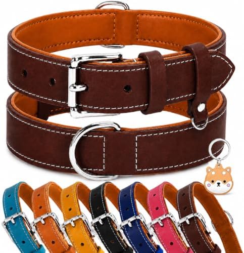 Genuine Leather Dog Collar, Soft Padded Leather Dog Collars with Airtag Holder Case for Small Medium Large X-Large Dogs,Comfort Heavy Duty Pet Collar with Durable Metal Buckle & D-Ring-Brown/XL