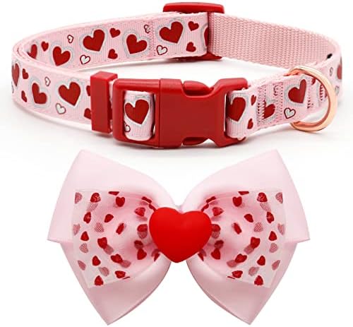 azuza Dog Collar Adjustable Spring Dog Collars with Removable Bowtie & Lovely Pink Heart Pattern for Puppy and Small Dogs