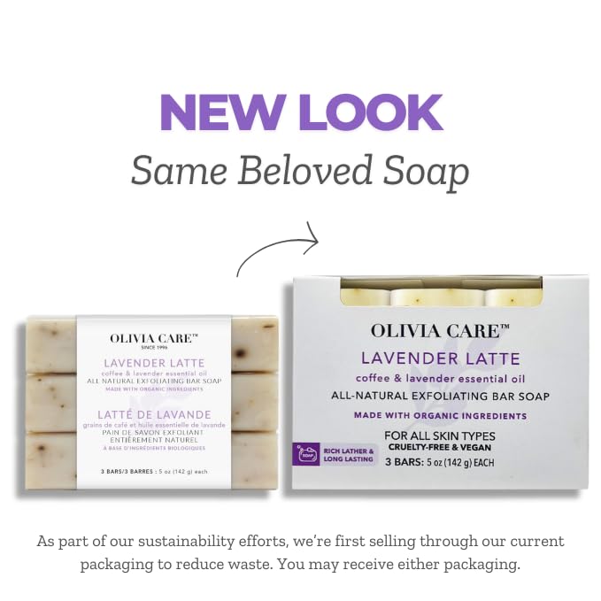 Olivia Care Exfoliating Bar Soap Lavender Latte 3 Pack Natural, Organic. Infused with Coffee Bean & Lavender Essential Oil - 3 X 5 OZ