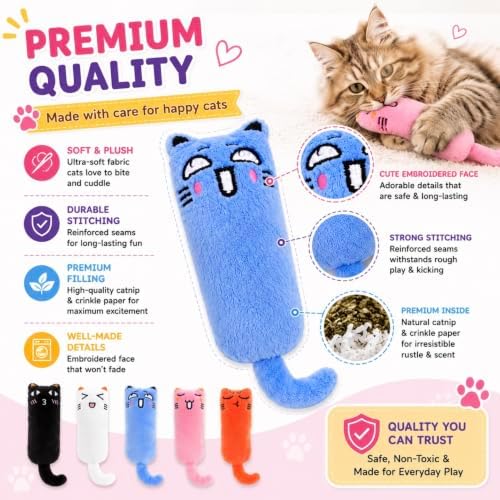 Plush Catnip Cat Toy with Crinkle Paper – Interactive Cat Kicker Toy for Indoor Cats, Soft Stuffed Kitten Toy, Set of 5 -Kitty Whiskers Playhouse