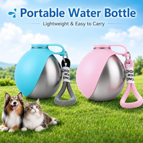 2 in 1 Portable Tumbler for Dogs, Portable Dog Water Ball, 10oz Stainless Steel Pet Water Dispenser with Silicone Foldable Bowl, Leak Proof, Portable Small Dog Water Bottle for Walking, Hiking(Pink)
