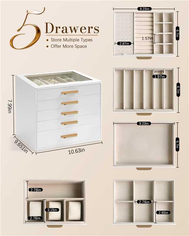 Homeanda Jewelry Boxes Organizer with Glass Lid, 5-Layer PU Leather, White | Modern style display case with 5 drawers for daily jewelry, women, mom or girl gift