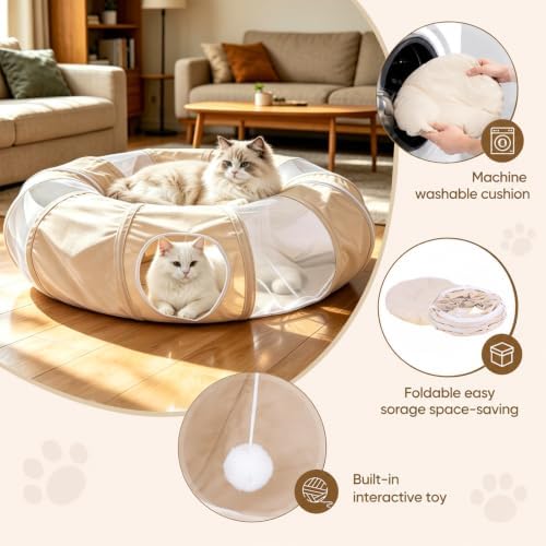 Ownpets 2 in 1 Collapsible Cat Tunnel for Indoor Cats with Cushion Bed