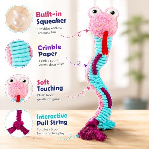 Dog Toys Squeaky Plush No Stuffing, Stuffless Crinkle Dog Toy with Rope Tug Pull Design, Durable Chew Toy for Puppies Small Medium Large Dogs, Fun Interactive Pet Toy
