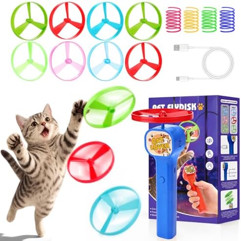 BABORUI Cat Toy Disc Launcher, Rechargeable Interactive Cat Fetch Toy Launcher with 8 Flying Discs, Flying Enrichment Toys for Indoor Bored Kittens & Adult Cats (Blue-1)