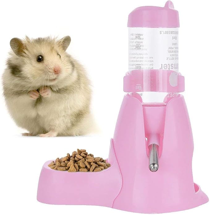 Guardians Hamster Water Bottle, Little Pet Automatic Drinking Bottle with Food Container Base Hut Hanging Water Feeding Bottles Auto Dispenser for Small Animals(80ml,Pink)