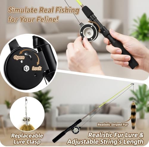 Cat Teaser Wand, 30-Inch Retractable Cat Fishing Pole Toy with 5 Replacement Teaser Toys, Fox Tail, Swallow, Butterfly and 2 Caterpillars, Interactive Indoor & Outdoor Cat Toy