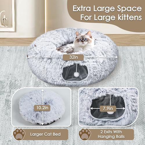 Baseola Fuzzy Cat Tunnel Bed for Indoor Cats, 2-in-1 Interactive Cat Toys