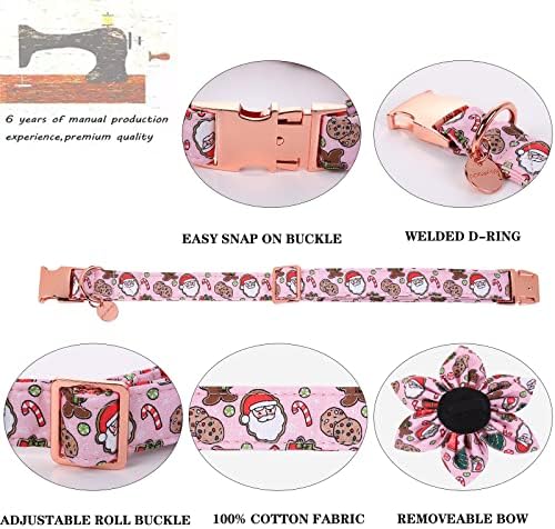 DOGWONG Christmas Dog Collar with Flower, Pink Santa Claus Dog Collar Gingerbread Man Soft Durable Adjustable Cotton Cute Girl Puppy Collar for Small Medium Large Dog
