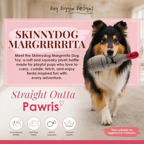 Dog Diggin Designs Skinnydog Margrrrrita Plush Dog Toy | Luxury-Inspired Parody Drink Bottle Dog Toy with Squeaker, Soft Plush Novelty Dog Toy – Shaken, Not Stirred!