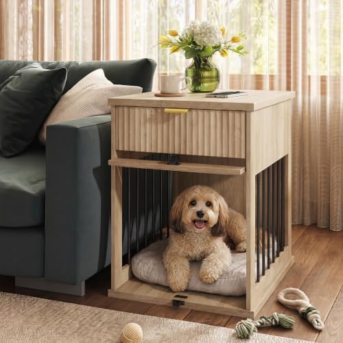 Dog Crate End Table with Charging Station, Wooden Dog Kennel Furniture with Hideaway Tempered Glass Door, Multi-Functional Pet Station Side Table with Storage Drawer (Antique Grey)