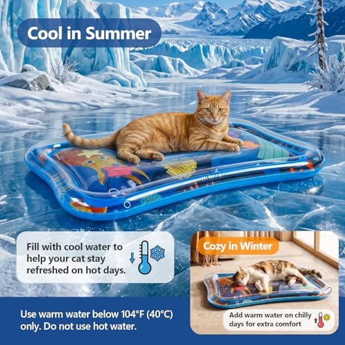 Cat Water Mat with Fish- Thickened Cat Sensory Water Play Mat Toy, Interactive Ocean Breeze Splashland with Floating Fish and 2 Balls for Cats & Kittens, Indoor Pet Water Bed Play Mat