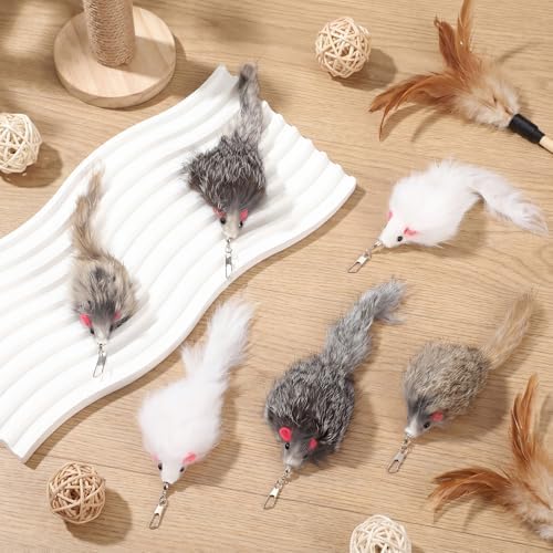 18 Pack Natural Rabbit Fur Cat Toy Refills, Mouse Tail Fur Ball Shaped Cat Toys, Interactive Cats Wand Toy Replacement Head with Secure Connector(Mouse)