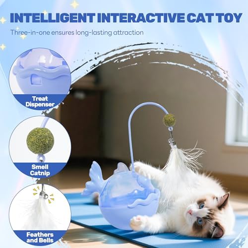 Cat Interactive Toys,Wobble Kitten Treat Dispensing Ball with Catnip and Feathers, Indoor Puzzle Slow Feeding, Cats Treat Dispenser Kicker Toy for Large, Medium and Small Cats (Blue, Fish