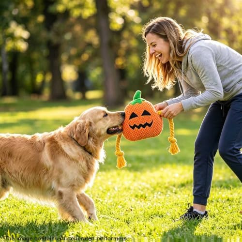 Orange Pumpkin Squeaky Plush Dog Chew Toy, 10.6 in Rope Crinkle Toy