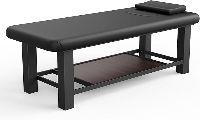 Professional Heavy-Duty Stationary Massage Table, Fixed Backrest Wide Exam Table, Metal Frame Treatment Bed for Spa Facial Salon Physical Therapy, Luxury PU Leather, Black, 31.5'' W × 75'' L