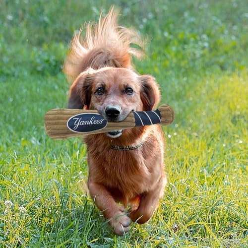 MLB New York Yankees Baseball Bat Toy for DOGS & CATS. Soft Corduroy Plush Dog Toy with Inner SQUEAKER, MLB Chew Toys for Dogs or Cats. Durable Fun Interactive Dog Toy with Team Names and Logo