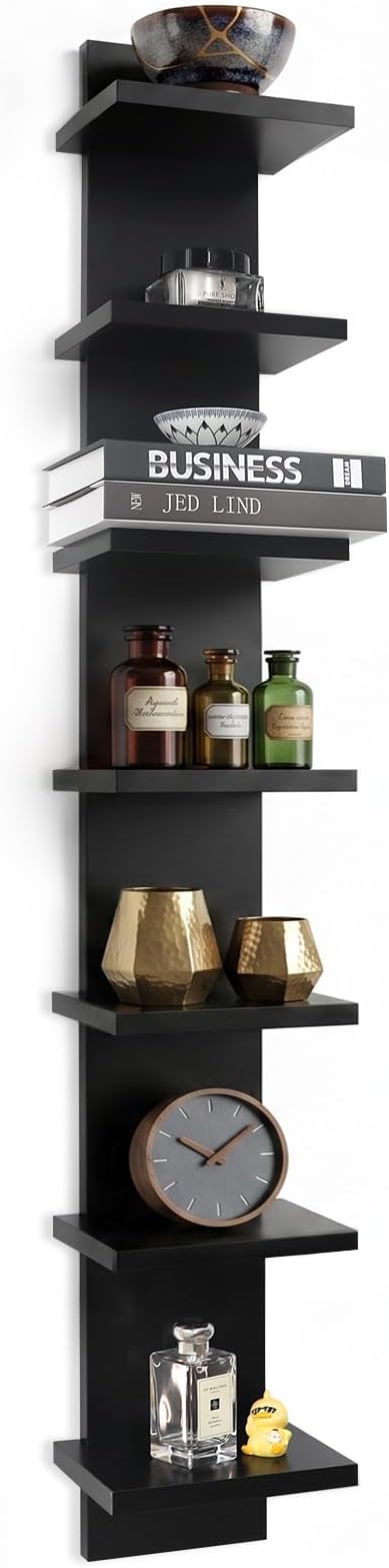 7 Tier Vertical Wall Shelf for Room Decor - Floating Shelves for Wall, Makeup Vanity, Perfect Display Storage for Small Spaces, Black Decorative Shelves
