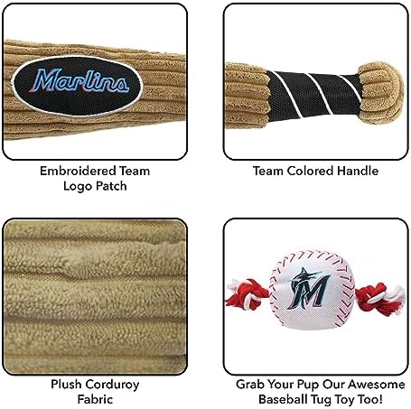 MLB Miami Marlins Baseball Bat Toy for DOGS & CATS. Soft Corduroy Plush Dog Toy with Inner SQUEAKER, MLB Chew Toys for Dogs or Cats. Durable Fun Interactive Dog Toy with Team Names and Logo