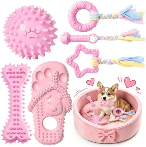 Puppy Chew Toys 6 Pack for Small Dogs, Teething Toys for Puppy Easy Clean Rubber Bone Star Stick Donut Slipper Spiky Ball Set for Small Breed Teething Relief (Dogbed not Included)