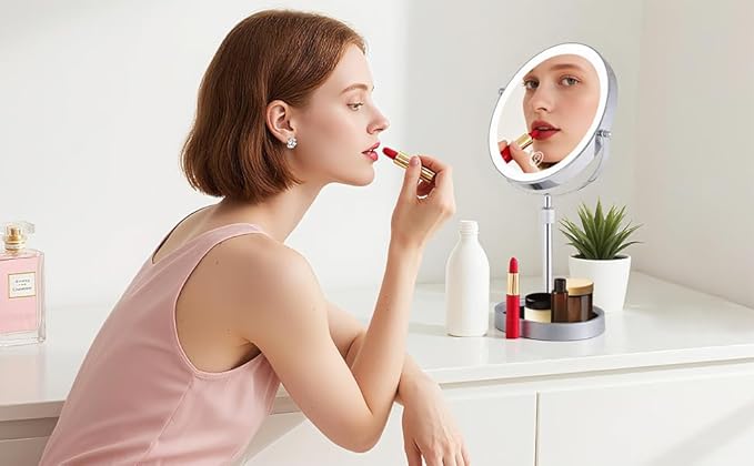 Rechargeable Adjustable-Height Lighted Vanity Mirror with 3 Color Lights, Touch Screen and Dimmable Settings 8-inch Dual-Sided 1X/10X and 360° Swivel Makeup Mirror with Jewelry Tray (Chrome)
